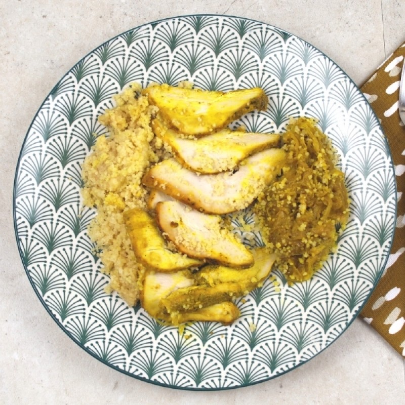 Pavo confitado con cebollitas caramelizadas y cous cous